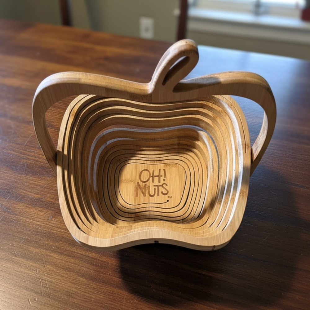 Vintage Collapsible Wooden Fruit or Nut Basket with “Oh Nuts” carved in bottom.